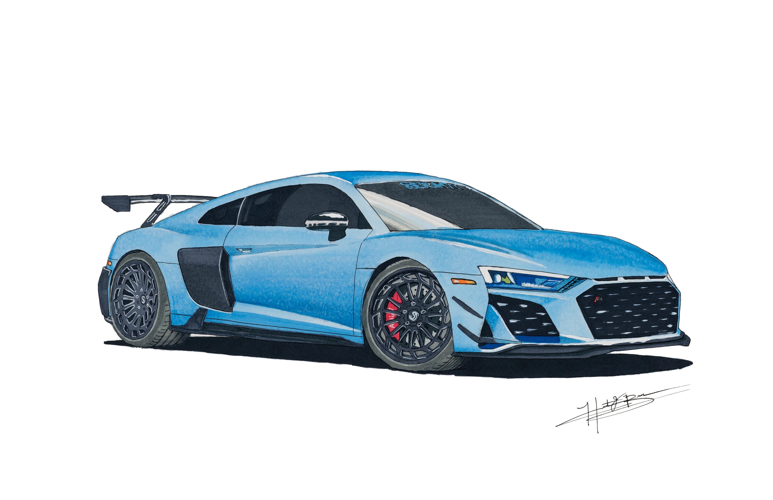 Hand-drawn Audi R8 11×17 framed automotive art print